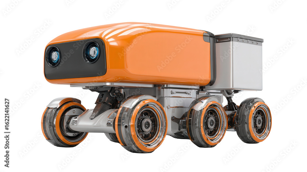 Poster autonomous mobile robot on factory floor background isolated on a transparent background, png file.
