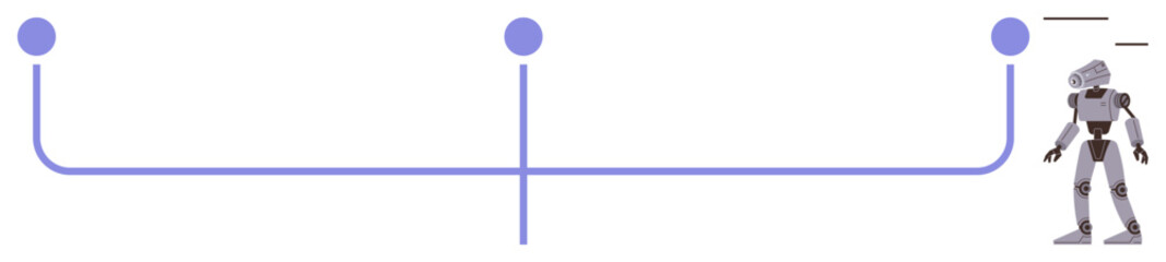 Robot next to a branching timeline with three points indicating stages, connected by curved lines. Ideal for technology, future, robotics, AI systems, progress tracking, innovation timeline. A
