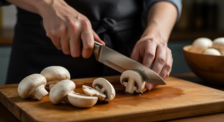 Culinary scene: hands actively slicing white mushrooms on a natural wood cutting board in a kitchen.

