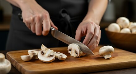Action shot of hands preparing food, specifically slicing fresh mushrooms on a sturdy wooden cutting board.

