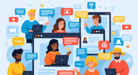Vector illustration of a diverse online community engaged in digital communication and virtual meetings on a network