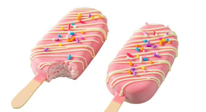 Two delicious pink ice cream bars on sticks, one with a bite taken out, decorated with white icing drizzle and colorful sprinkles, isolated on transparent background