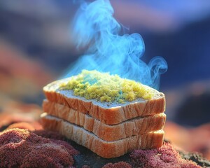 Stacked bread with vibrant, colorful smoke