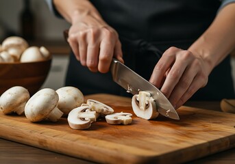 Close-up of hands precisely cutting button mushrooms on a brown wooden board during food preparation.

