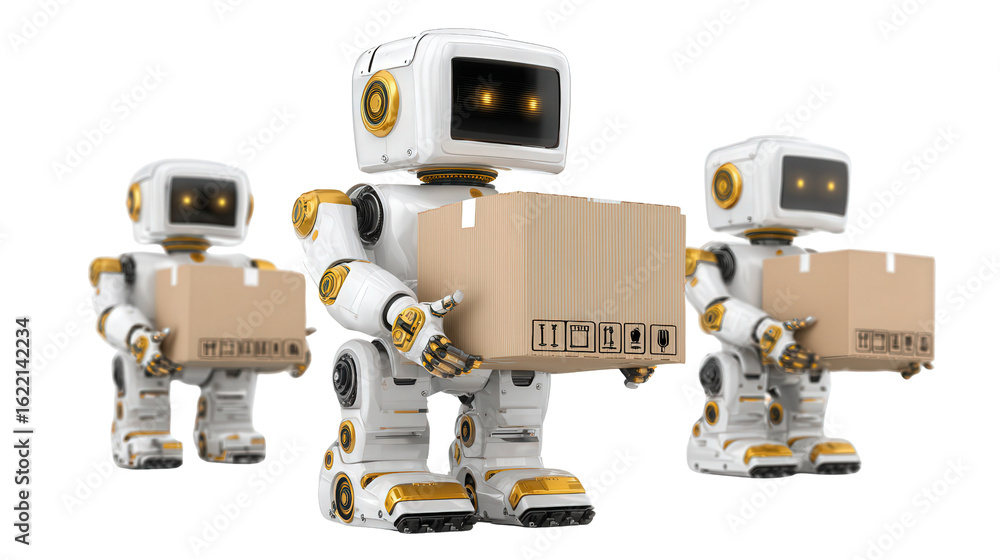 Poster autonomous robots in warehouse background isolated on a transparent background, png file.
