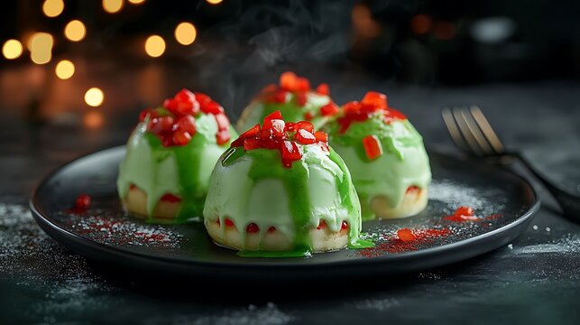 Traditional mexican memela with green and red sauce on dark background