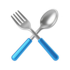 3d illustration of a silver fork and spoon with blue handles, crossed and isolated on a transparent background, representing dining and meal preparation