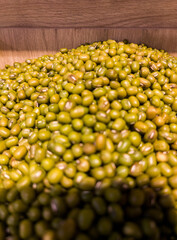 Green Mung Beans in Wooden Grocery Bin, Healthy Organic Legumes, Top View