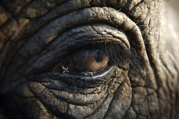 An elephant’s eye, capturing a subtle tear line and detailed textures of deep wrinkles and cracked skin