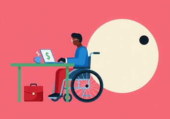 Man in wheelchair working on laptop at desk with briefcase and large circle