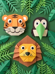  Adorable origami animals including a tiger lion and penguin surrounded by tropical leaves create a fun jungle scene © Arman