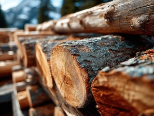 Stacked logs in a forest