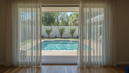 Fototapeta premium Open doorway with sheer curtains reveals a backyard swimming pool surrounded by greenery and a white fence.