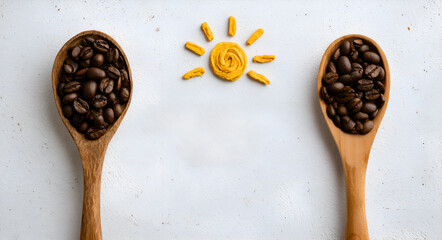 Two wooden spoons filled with coffee beans and a sun symbol