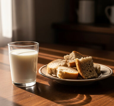 a glass of fresh milk and dry bread on the table