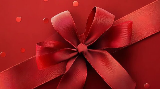 Elegant red ribbon and bow on red background with confetti
