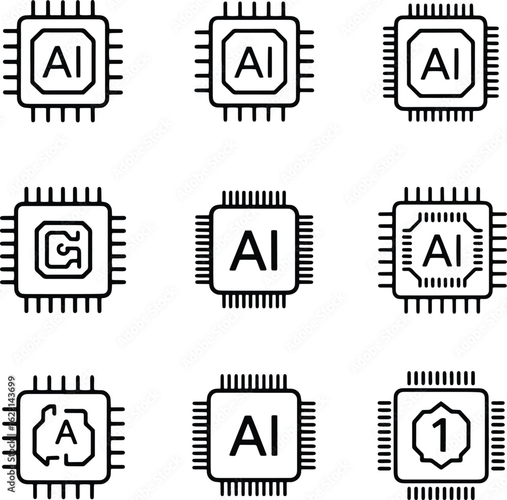 Poster collection of ai processor chip icons with various symbols
