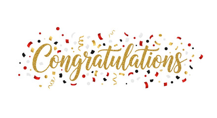 The word congratulations in golden glitter font with colorful confetti and sparkles, isolated on transparent background