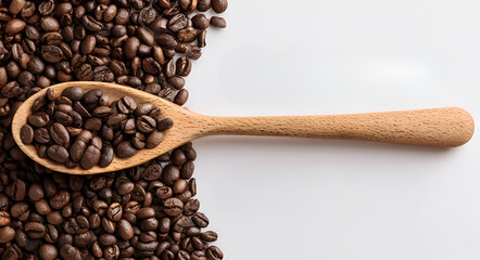Wooden spoon filled with dark roasted coffee beans