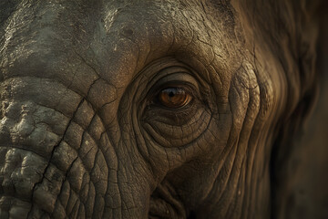 An elephant’s eye, capturing a subtle tear line and detailed textures of deep wrinkles and cracked skin