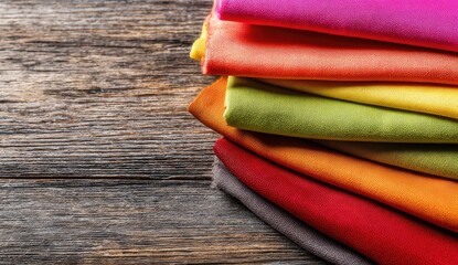 Colorful fabric swatches stacked on rustic wood