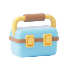 3d illustration of a small, vintagestyle blue plastic box with a brown handle and yellow accents, isolated on a transparent background