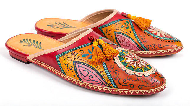 Pair of moroccan babouches isolated on white background, traditional leather slippers