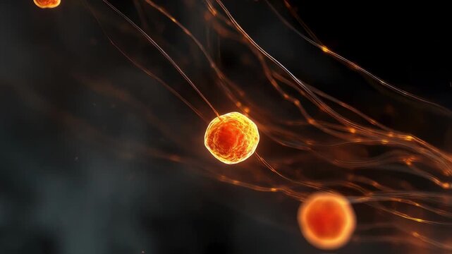 Abstract medical animation of endocrine system nodes lighting up in fiery cascade emphasizing physiological stress response mechanism.