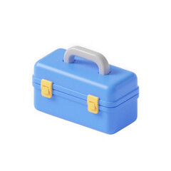 3d illustration of a bright blue plastic toolbox with a gray handle and yellow latches, isolated on a transparent background