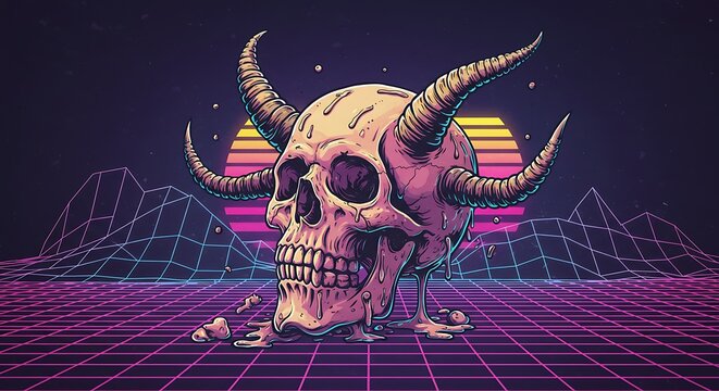 Retro Skull: 80s Synthwave Digital Art