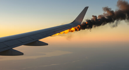 Obraz premium Airplane Wing Fire and Smoke at Sunset