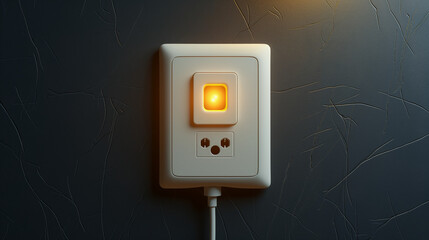 Wall-mounted power socket with glowing orange switch. Clean electrical outlet design on dark textured wall for energy and interior use.