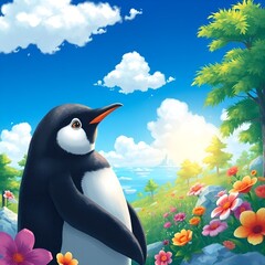 penguin in a green garden along with flowers (1).jpg