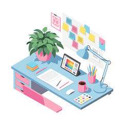 Modern designer's workspace in isometric view. Creative artist desk with digital tablet, art supplies, and home office setup.