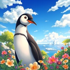 penguin in a green garden along with flowers (1).jpg