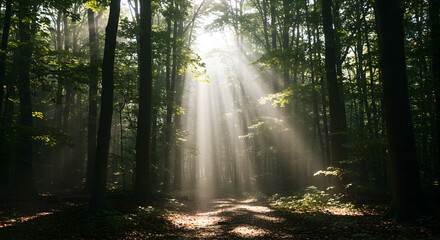 Obraz premium Sunbeams Illuminating a Forest Path