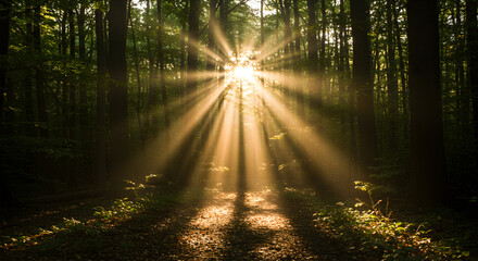 Obraz premium Sunbeams Illuminating Misty Forest Path