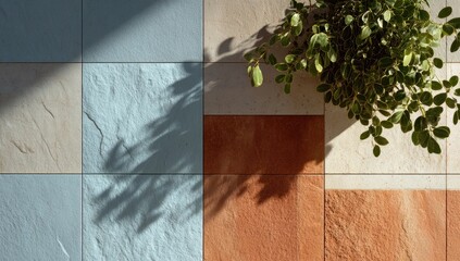 Overhead view of patterned tiles, light and shadow, small plant