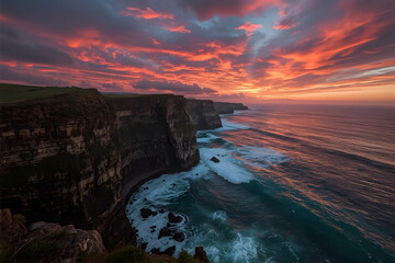 Dramatic coastal cliffs with ocean waves crashing below, captured during golden hour