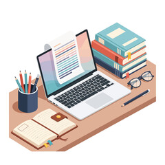 Modern isometric workspace for creative writing, studying, or online education. A laptop with a digital document, books, and a notebook on a desk.