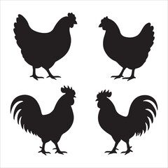 A diverse vector illustration of farm poultry, including roosters, hens, and chicks, as a set of black and white silhouette icons
