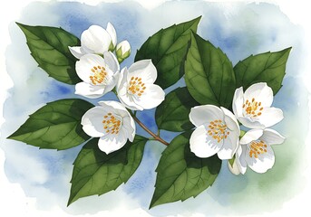 Watercolor Jasmine: Delicate Blooms, Serene Sky
