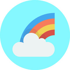 A colorful rainbow arches over a fluffy white cloud, set against a light blue circular background, creating a cheerful and whimsical illustration.