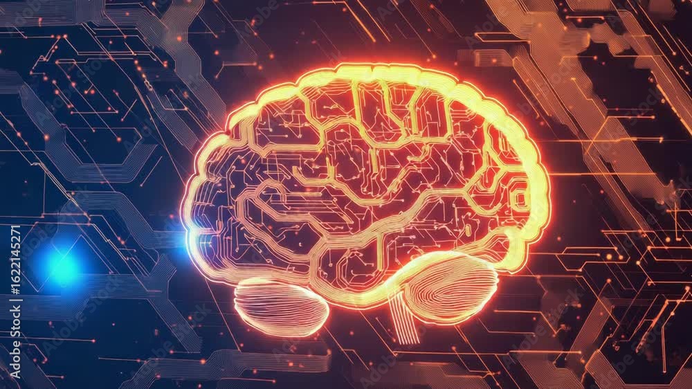 Poster Artificial intelligence is learning and evolving, human brain and circuit board merging into one