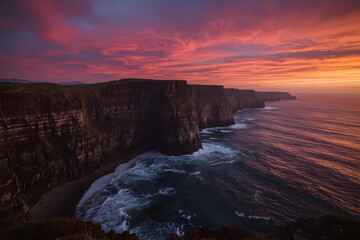 Dramatic coastal cliffs with ocean waves crashing below, captured during golden hour