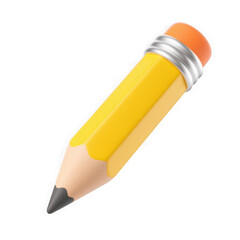 3d illustration of a bright yellow pencil with an orange eraser, sharpened and ready for writing or drawing, isolated on a clean transparent background