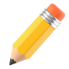 3d illustration of a bright yellow pencil with a pink eraser and silver ferrule, isolated on a transparent background, symbolizing creativity and education