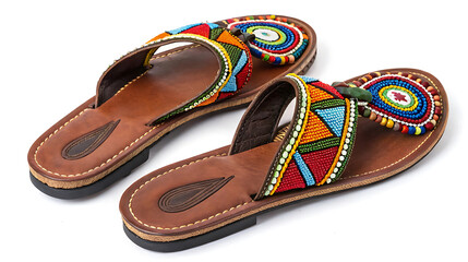 Pair of colorful beaded leather sandals isolated on white background