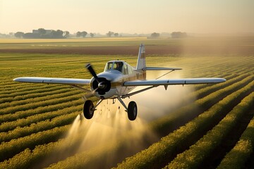 Crop Duster plane spraying crops. Modern agribusiness - spraying chemicals for accelerated crop growth.