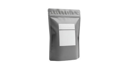 A gray standup pouch with a zip seal and blank white labels for branding or product information, ideal for packaging various goods like coffee or snacks, isolated on a transparent background